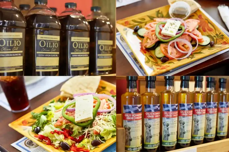 Bottles of olive oil and Greek dressing alongside fresh Greek salads.