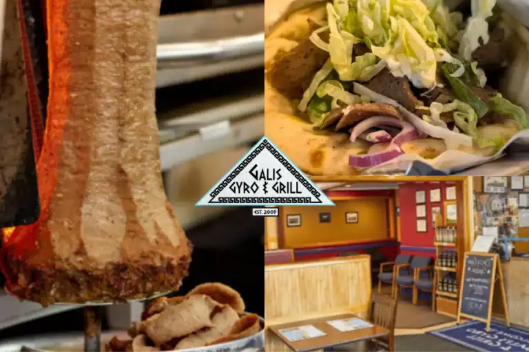 Gyro meat cooking on a vertical spit with a wrapped gyro and restaurant interior