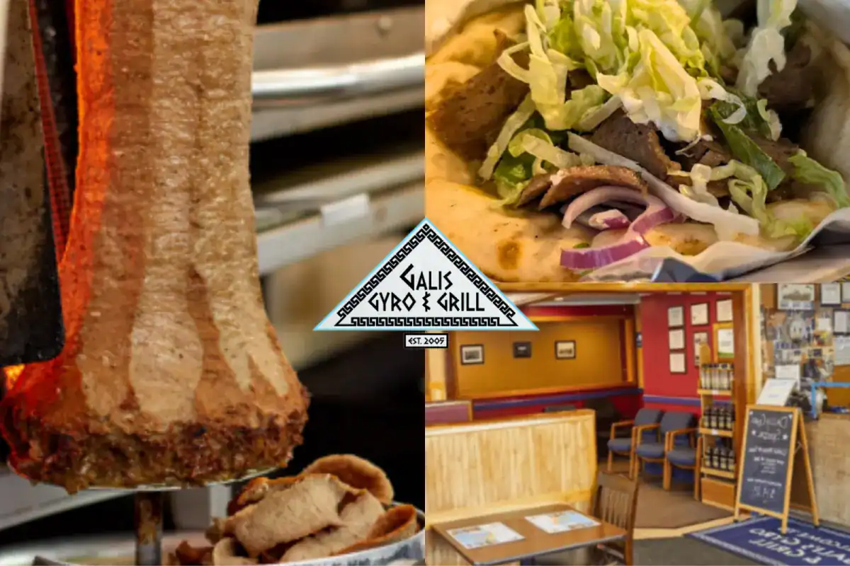 Gyro meat cooking on a vertical spit with a wrapped gyro and restaurant interior